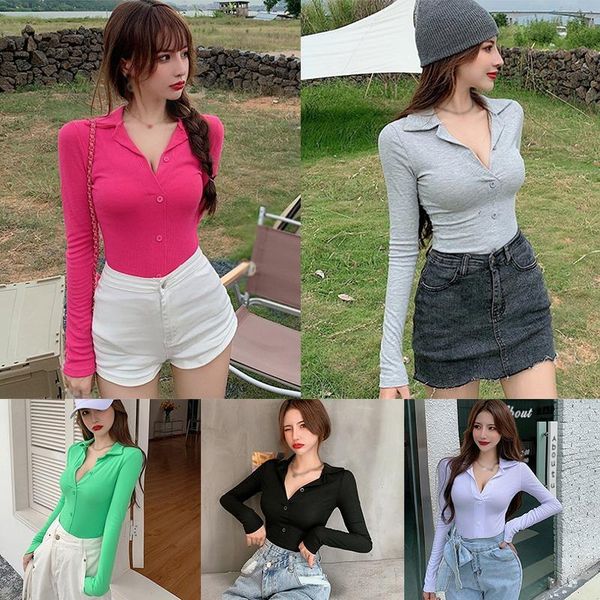 

women's t-shirt solid color lapel tight casual long sleeves, White