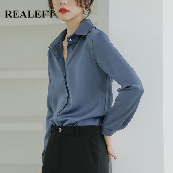 

women's blouses & shirts realeft autumn stain blouse 2021 solid multi colors lapel single-breasted elegant casual oversize female, White