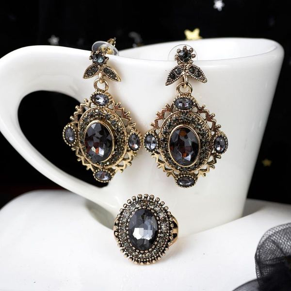 

earrings & necklace sunspicems drop earring ring jewelry sets for women antique gold color grey crystal full rhinestone bohemia vintage wedd, Silver