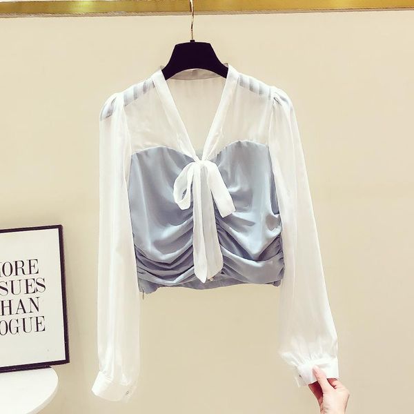 

women's blouses & shirts 2021 spring fashion elegant shirt for women v-neck short chiffon pleated color matching office lady, White