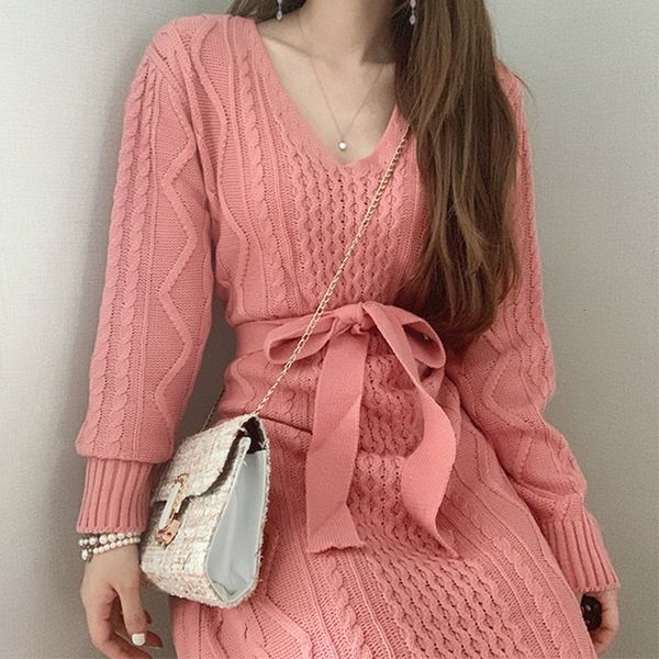 

casual dresses chic twist patchwork knitted women vintage v-neck drawstring slim waist vestidos autumn solid color loose dress f1tx, Black;gray
