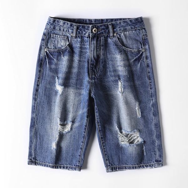 

men's jeans denim shorts men 2021 summer straight fit hip hop dark blue hollow out streetwear destroyed ripped short homme