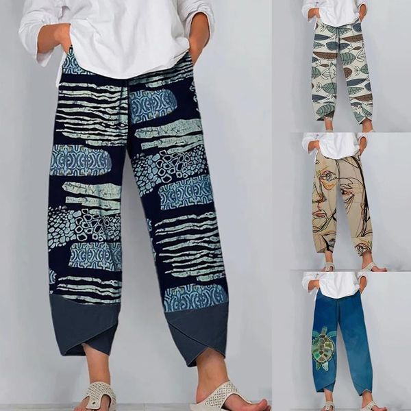 

women's pants & capris women casual harem summer elastic waist wide leg vintage printed trousers female loose pantalon high quality, Black;white