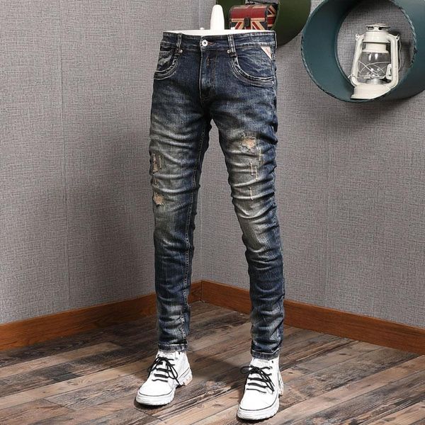 

men's jeans european american vintage fashion men retro black blue elastic slim fit ripped embroidery designer denim pants