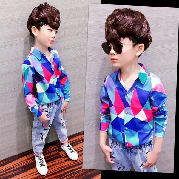

boy's long sleeve shirt children's mosaic shirts, White;black