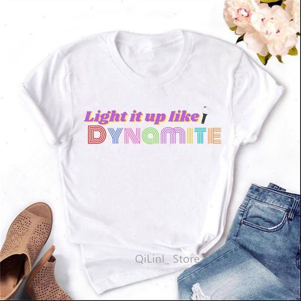 

women t shirt light it up like dynamite letter print kpop korean style clothes femme hip hop vogue tshirt female, White