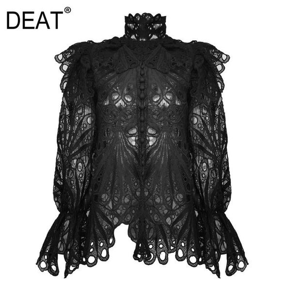 

women's blouses & shirts deat 2021 summer fashion women dresses female clothing stand collar lace hollow out flare sleeves single breas, White