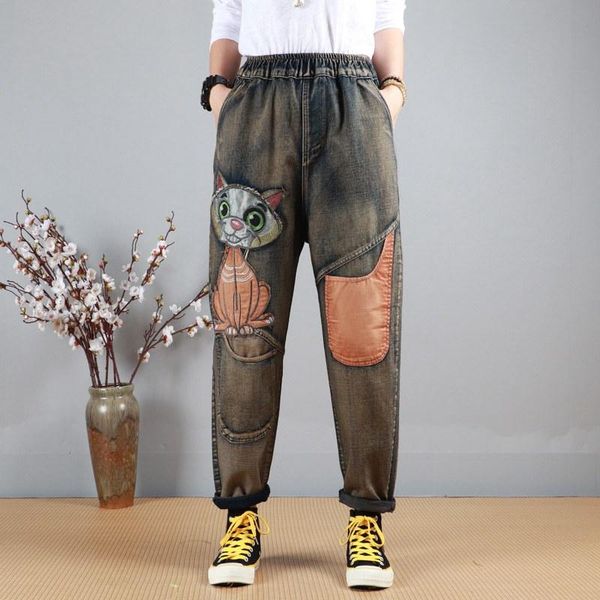 

women's jeans autumn product personality trend contrast color washing old literature and art retro pasted cloth harlan pants thin women, Blue