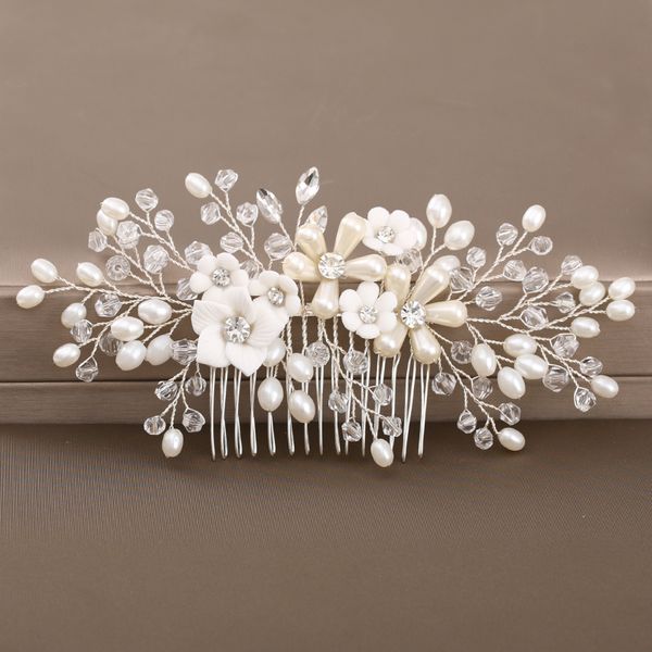 

wedding flower headdress hair combs for bride silver color rhinestones pearls women hairpins bridal headpiece hair combs tiaradio chan conta, White;golden