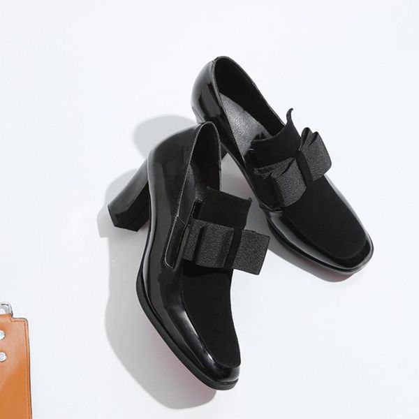 

dress shoes ochanmeb gloss shiny patent leather women pumps sweet bow-knot block high heels woman size 33-43 black party wedding