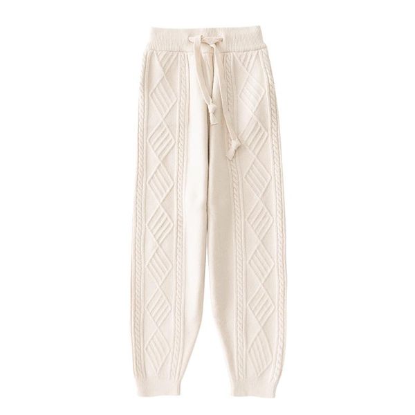 

women's pants & capris perhaps u women knitted jogger elastic waist drawstring ankle length cable black beige casual winter warm p0004, Black;white