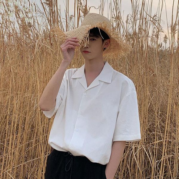 

men's casual shirts cuba collar ice silk short sleeve shirt trend handsome loose summer sunscreen thin coat, White;black