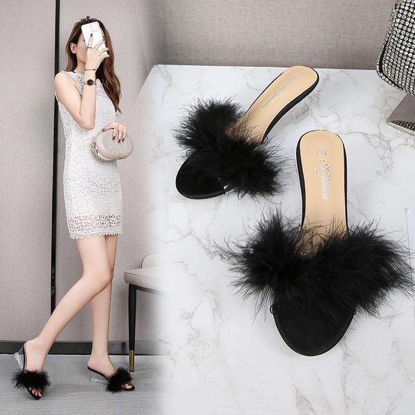 

slippers women summer peep toe fur shoes heeled mules slides jelly flip flops on a wedge plush massage high transparent glitter, Black