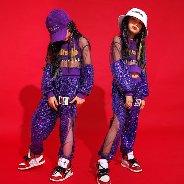 

sparkling clothes girls sets purple stage costume street dance jazz performance 3pcs kids suit teenager children clothes hip hop, White
