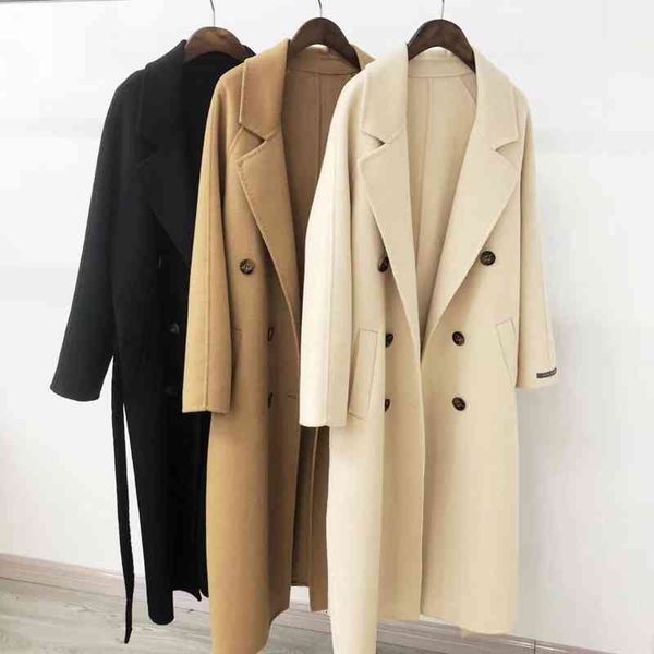 

women's suits & blazers autumn woolen coat turn down collar double breasted long wool camel warm casaco feminino nid0, White;black