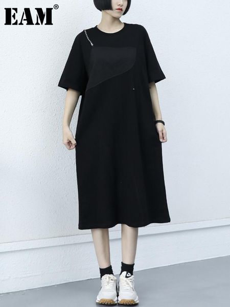 

party dresses [eam] women black chain spliced casual long dress round neck half sleeve loose fit fashion tide spring summer 2021 1de0759, White;black