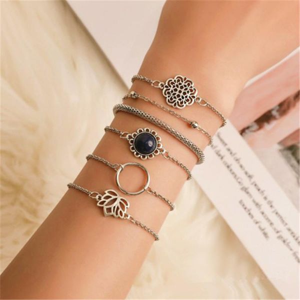 

bohemian bracelet set for women 6pcs lotus bracelets circle charm boho bangles wrist chain fashion jewelry gifts link,, Black