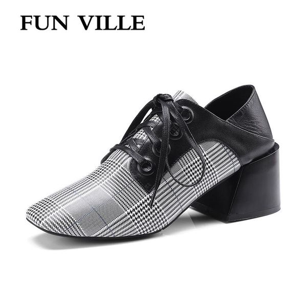 

2021 spring fashion genuine leather pumps woman shoes hoof heels square toe lace up ladies size 34-42 dress, Black