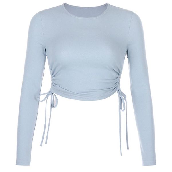 

women's t-shirt 2021 women crop long sleeve cropped tees casual drawstring ruched tshirt female autumn clothing, White