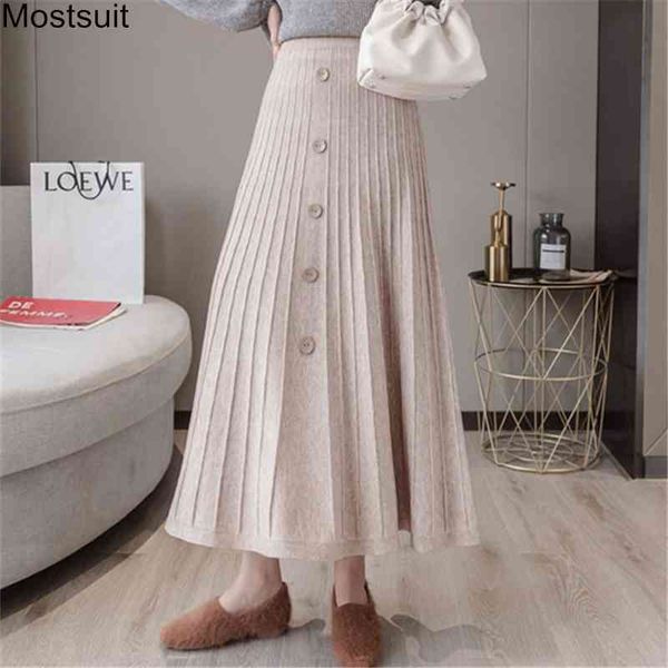 

high waist buttons knitted striped a-line long pleated skirts women autumn winter elastic korean casual female 210518, Black