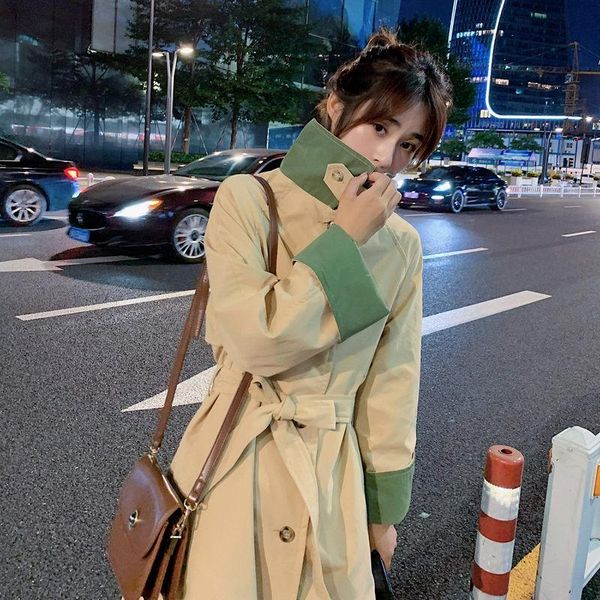 

women's trench coats windbreaker contrasting color stitching long 2021 spring autumn korean loose single breasted fashion coat aq285, Tan;black