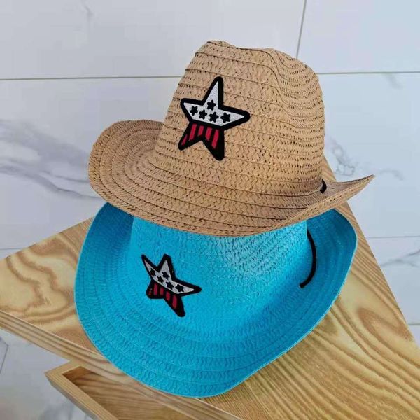 

summer children's five pointed star straw hat outdoor baby western jazz cowboy sunshade beach cool, Yellow