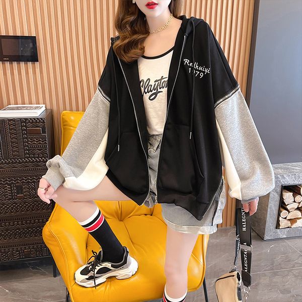 

large women's 2021 autumn winter new loose stitching contrast color pocket zipper cardigan hooded sweater jacket women's fashion, Blue;black