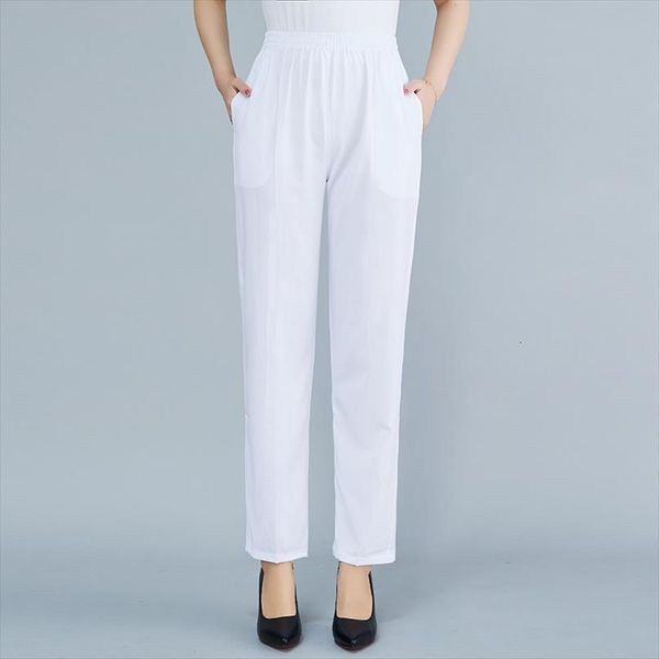 

summer straight vintage middle aged women capris solid color thin loose ankle length trousers elastic waist casual white, Black;white