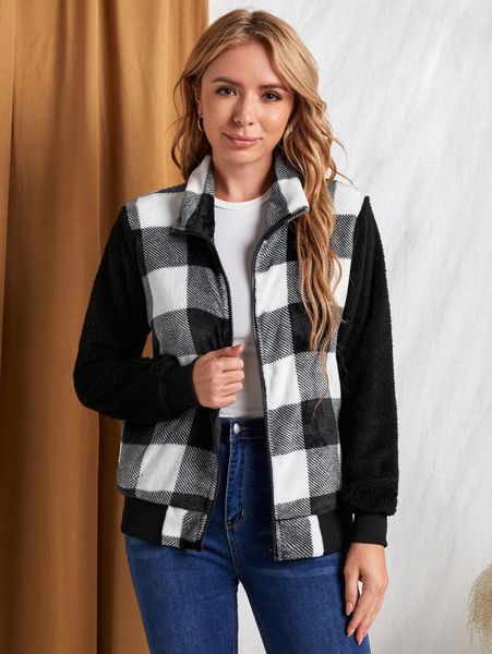 

emery rose buffalo plaid panel teddy jacket d76m#, Black;brown