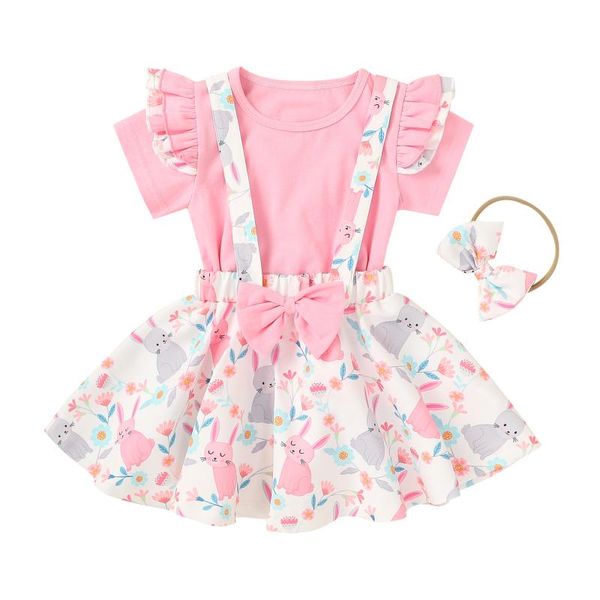 

clothing sets summer kids baby girls 12m-5t three piece set short sleeve shirt cartoon strap skirt easter clothes, White