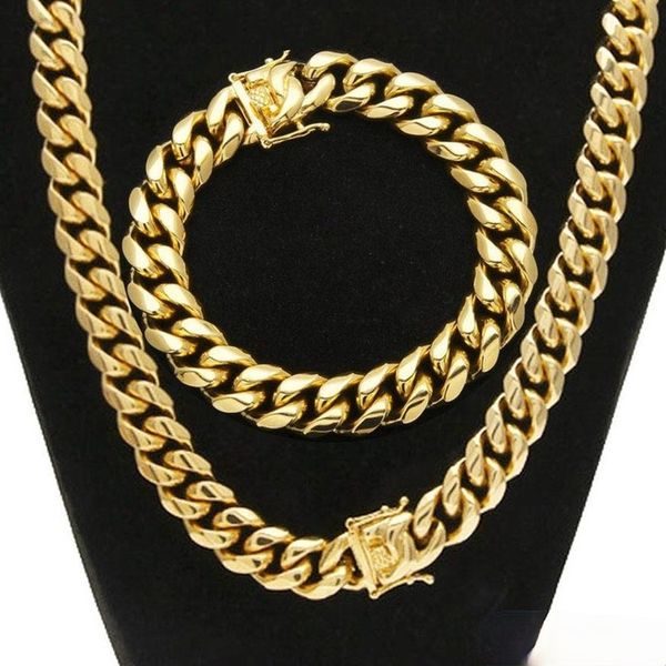 

stainless steel jewelry sets gold dragon latch clasp cuban link necklace & bracelets for mens curb chain 1.4cm wide, Silver