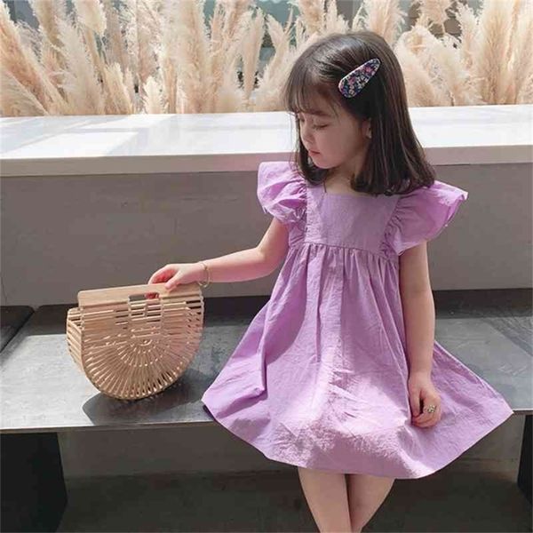 Chegada de verão meninas moda mangas vestido crianças design coreano 210528