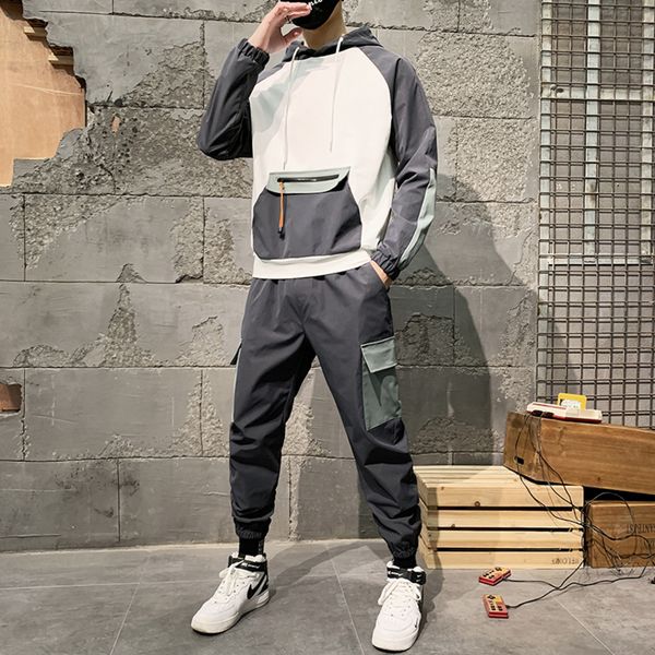 

sportswear set, hip hop style men's sportswear, with pockets zippers, et and , outdoor casual wear, new 2020, 2 piec, Gray