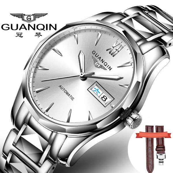 

wristwatches guanqin automatic mechanical men watch tungsten steel luminous watches date calendar japanese movement with leather strap, Slivery;brown