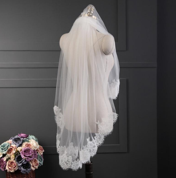 

bridal veils sheer thin waltz wedding veil - 2 layer, cathedral veil, hem lace, flower long hair accesso, Black
