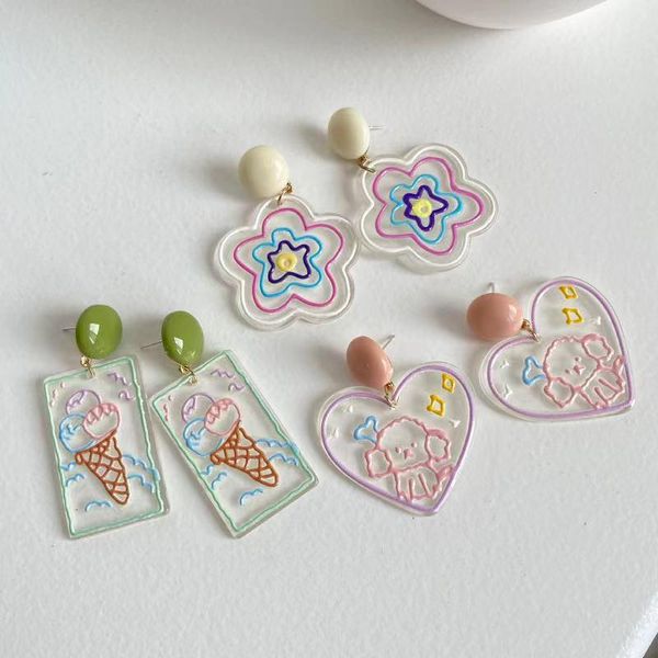 

dangle & chandelier ujbox japan korea kawaii cute colorful acrylic resin earrings for women girls cream flower love heart no piercing, Silver