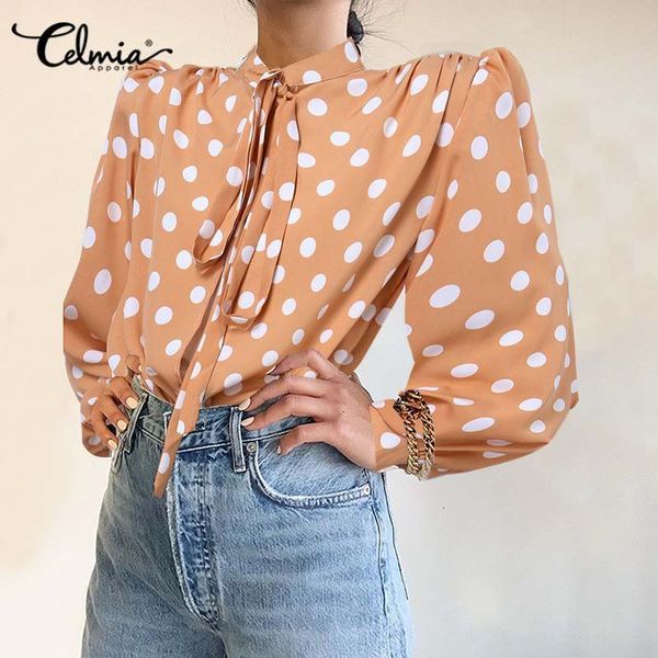 

jacket celmia fashion puff sleeve bandage shirt women elegant shoulder pad blouse vintage polka dot printed casual office blusas, Black;brown