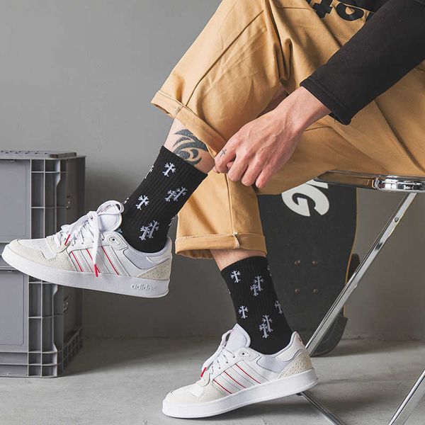 

cotton crosin lovers cross women's medium socks men's stockings regular korean fashion brand high street style, Black