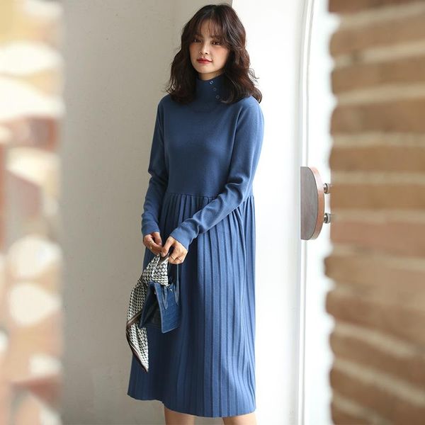 

casual dresses women dress winter 2021 knit sweater fashion knitwear korean style long sleeve midi pleated elegtant female clothing, Black;gray