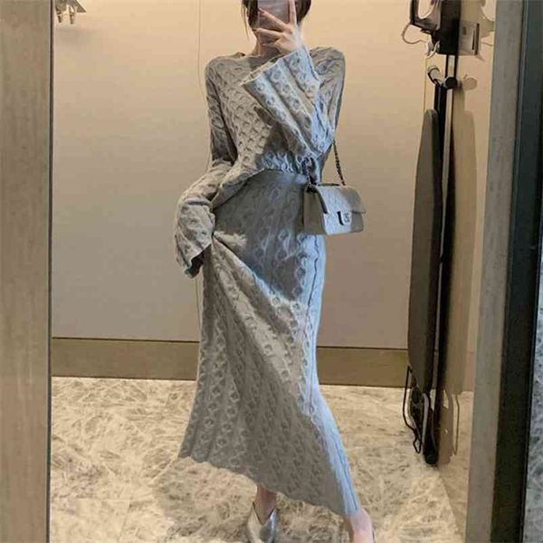 

autumn winter lazy sweet jumpers loose knitted sweaters + long skirts office lady suit all match two piece set 210514, White