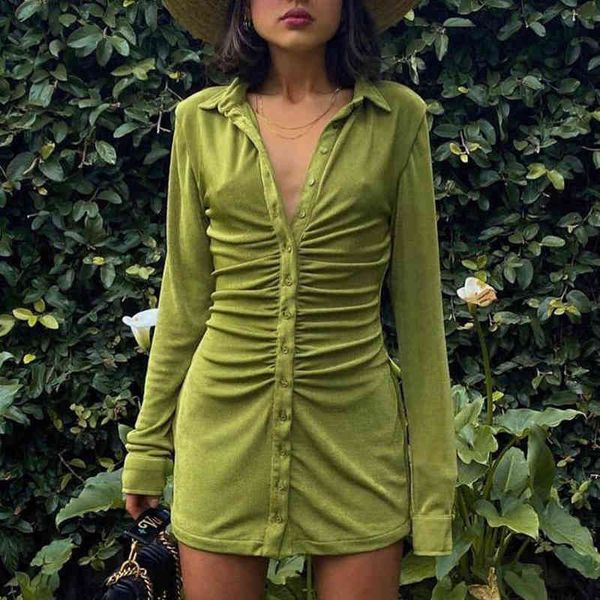 

women ruched shirt dresses turn down collar long sleeve slim mini dress party club solid green bodycon dresses vestidos g1223, Black;gray