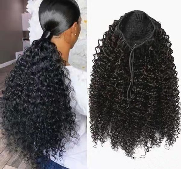 Afro Kinky Curly Human Human Cabelo Cabelo Extensões Clips em 9a Top Qualidade Real Hairs Extensão Drawstring Pony Tail Easy Install Bonytail 140G