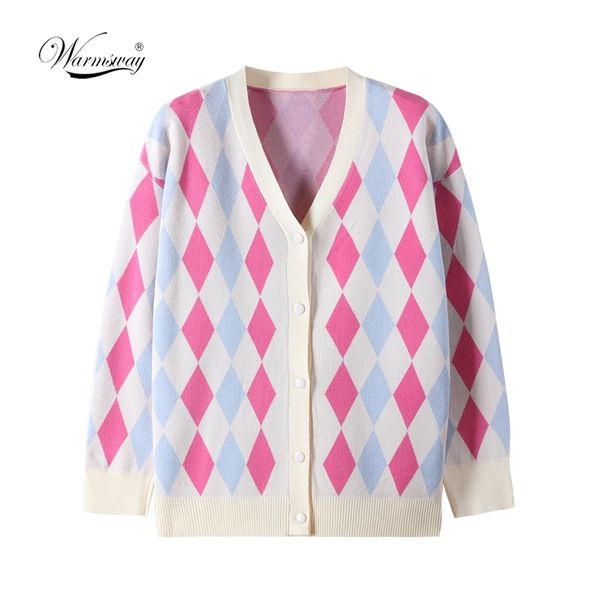 

vintage geometric rhombic cardigan sweater women autumn warm long sleeve loose outerwear elegant v-neck chic knit c-023 210914, White;black