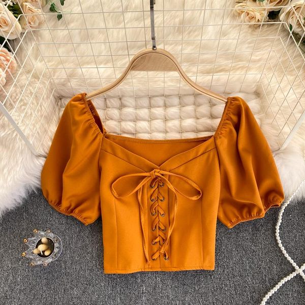 

women's t-shirt fashion short bandage lace up autumn korean shirt women crop y2k puff sleeve, White