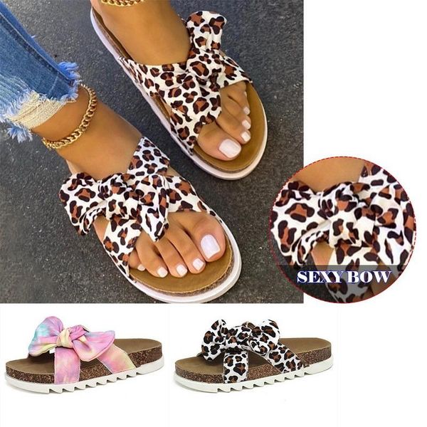 

slippers women sandals summer silk bow flat shoes ladies beach leopard slipper outdoor fashion student home casual 35-43, Black