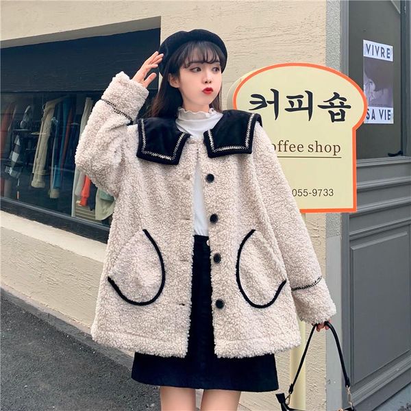 

japanese style sweet lolita coats warm soft plush lambswool loose jackets plus size women kawaii outwear girl parkas female women's fur, Black
