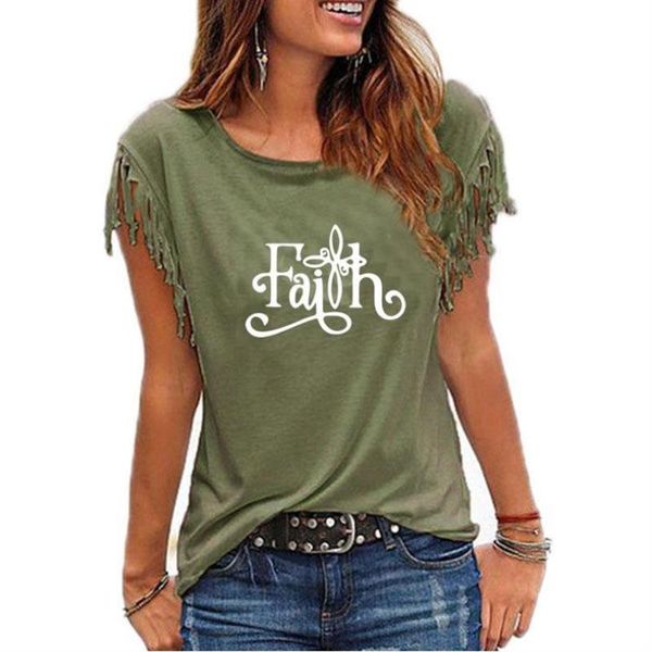 

women's t-shirt tassel jesus cross faith hope casual summer short sleeve clothing femme oversized drop ship, White
