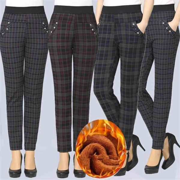 

large size spring winter women grid pants warm sweat plus velvet slim high waist stretch pencil female trousers 210925, Black;white