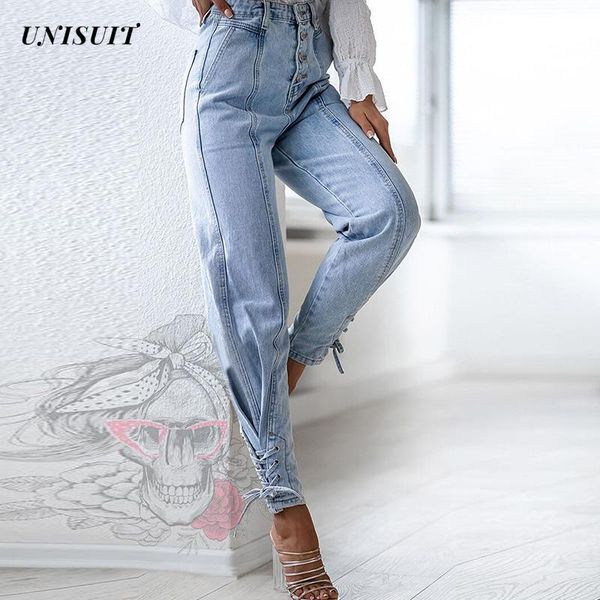 

women's jeans women vintage high waisted woman solid pants for slim button design autumn female casual trousers 2021, Blue