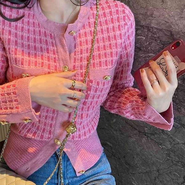 

fashion women's knitted cardigan spring pink small fragrance jacket 210520, White